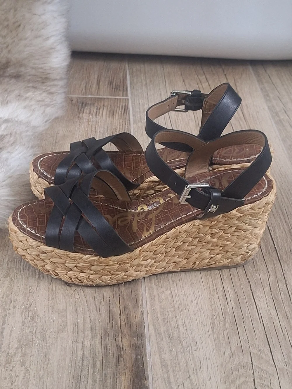 Sam Edelman Black Leather Espadrille Wedge Sandals Women’s Size 8.5
